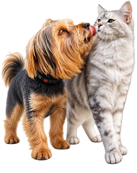 A Yorkshire terrier and a cat